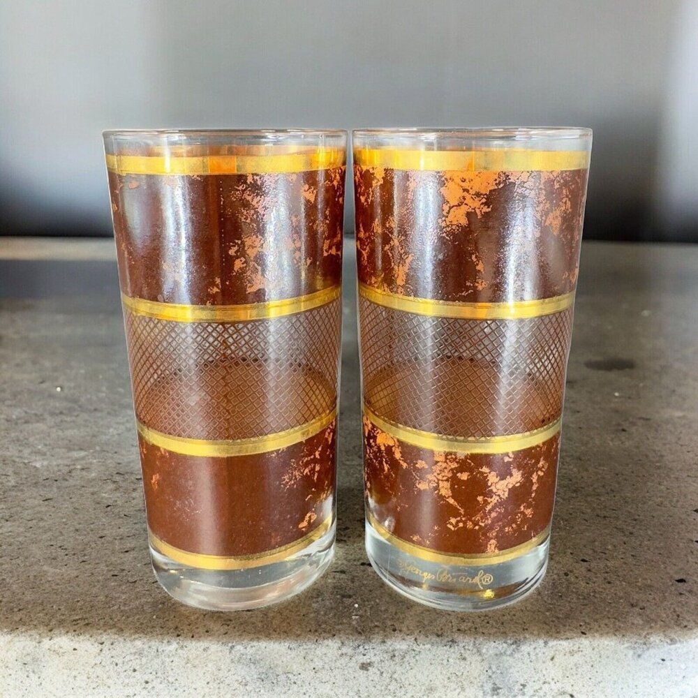 MCM Georges Briard Tortoise Gold Highball Drinking Tumbler Glasses Set 2 Vintage